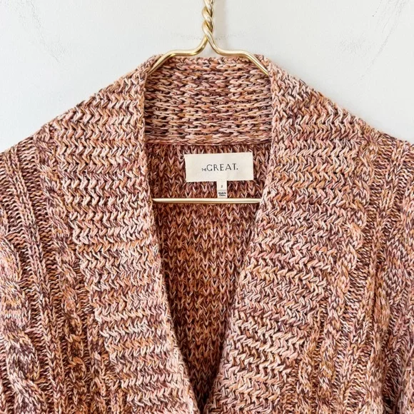 The Great. The Montana Cropped Cable Cardigan Coral Pink Prairie Marl Knit 2 / M - Picture 7 of 9